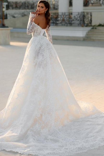 Long White Wedding Dress A Line Off The Shoulder Lace Bridal Gown With Long Sleeves