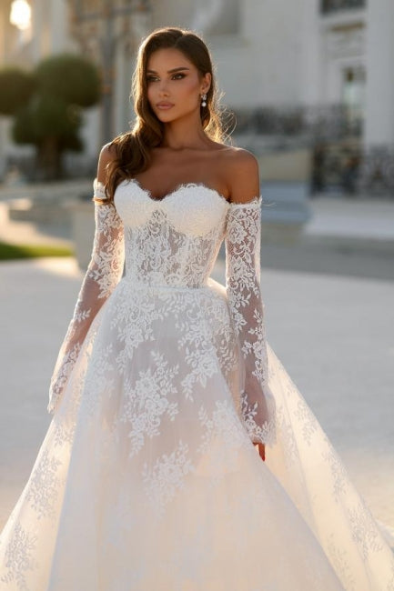 Long White Wedding Dress A Line Off The Shoulder Lace Bridal Gown With Long Sleeves