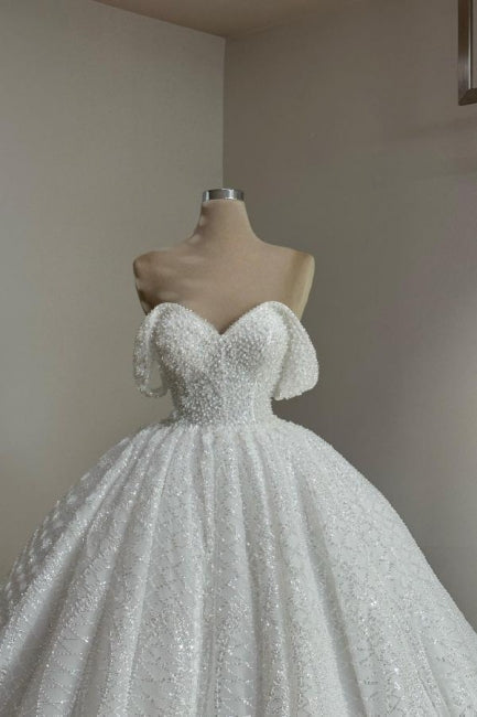 Long White Wedding Dress A Line Off The Shoulder Lace Bridal Gown With Pearls