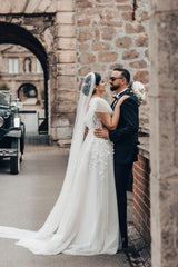 Long White Wedding Dress A Line Square Neck Tulle Lace Bridal Gown With Short Sleeves