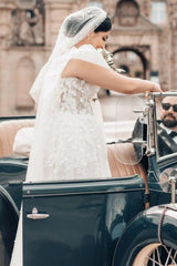 Long White Wedding Dress A Line Square Neck Tulle Lace Bridal Gown With Short Sleeves