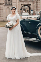 Long White Wedding Dress A Line Square Neck Tulle Lace Bridal Gown With Short Sleeves