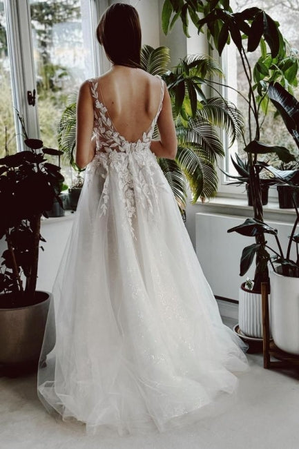 Long White Wedding Dress A Line V Neck Lace Glitter Backless Bridal Gown With Slit