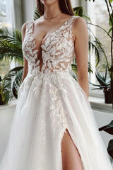 Long White Wedding Dress A Line V Neck Lace Glitter Backless Bridal Gown With Slit