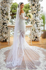 Long White Wedding Dress Mermaid Off The Shoulder Lace Glitter Bridal Gown With Long Sleeves