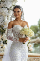 Long White Wedding Dress Mermaid Off The Shoulder Lace Glitter Bridal Gown With Long Sleeves