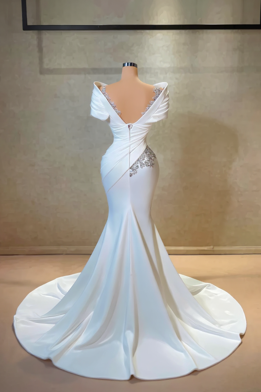 Long White Wedding Dress Mermaid Off The Shoulder Lace Satin Bridal Gown With Rhinestones