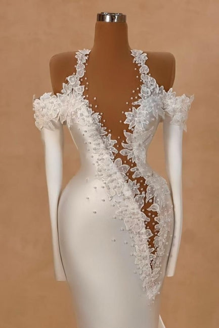 Long White Wedding Dress Mermaid Straps Satin Long Sleeves Bridal Gown With Pearls