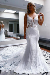 Long White Wedding Dress Mermaid Straps V Neck Backless Bridal Gown With Lace