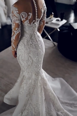 Dressystars Long Sleeve Wedding Dress Ivory Mermaid Crew Neck Bridal Gown with Detachable Train