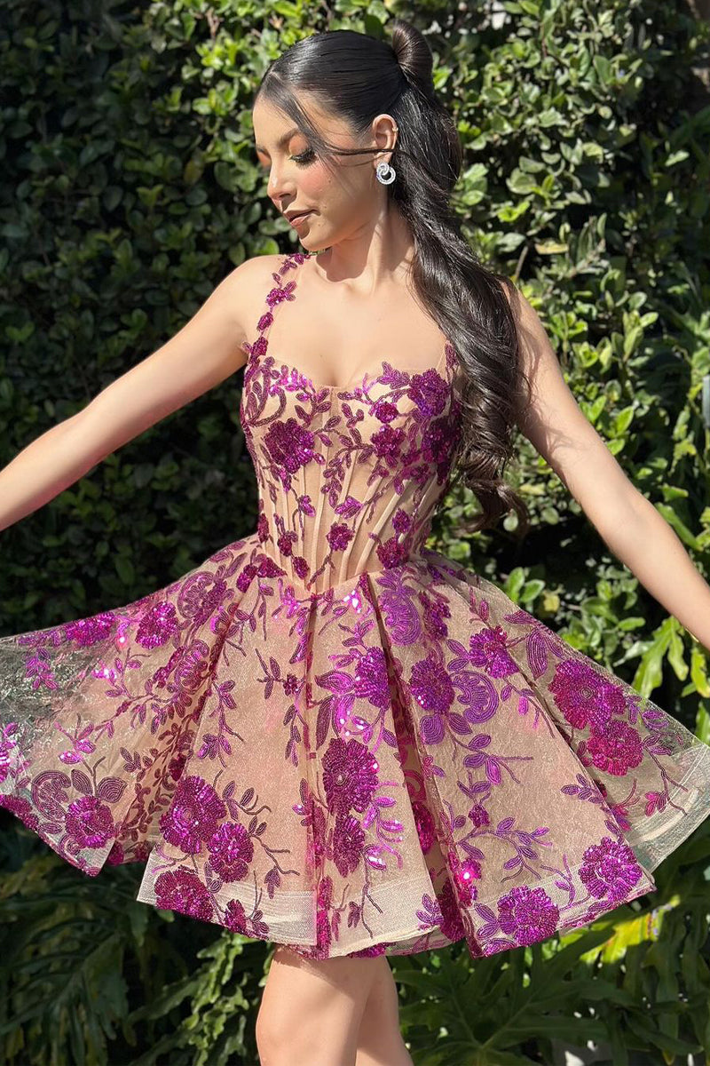 Lovely Homecoming Dress A Line Purple Sequin Appliques Heart shaped Short Party Cocktail Dress