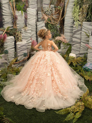 Pink Ball Gown Tulle Princess Flower Girl Dress with Lace Appliques