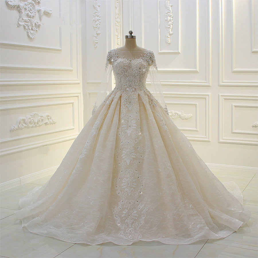 Luxurious Ball Gown Long Sleeves Lace Applqiues Beaded Wedding Dress