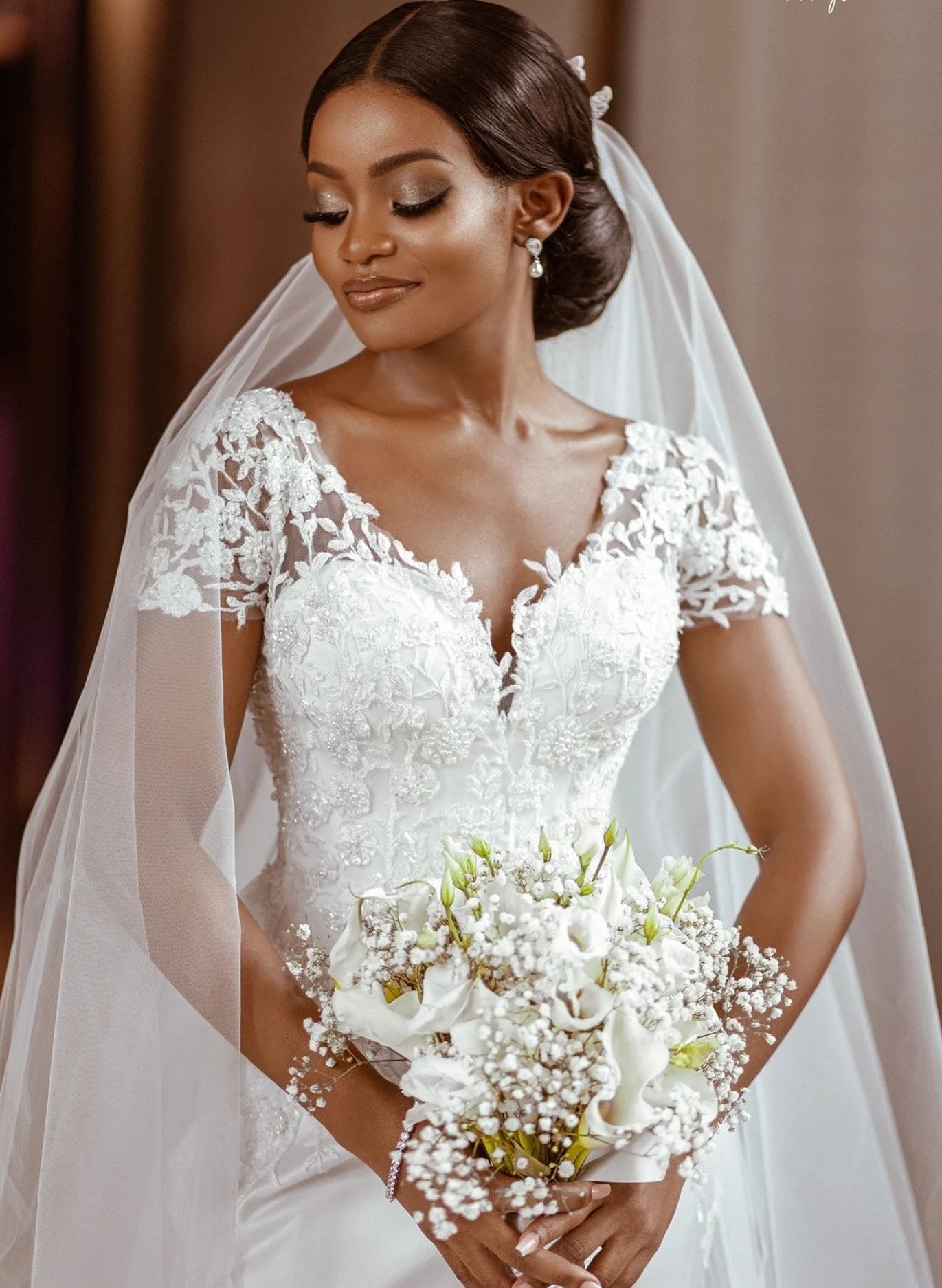 Luxurious Lace Mermaid Wedding Dress Tulle Bridal Dress With Panel Train