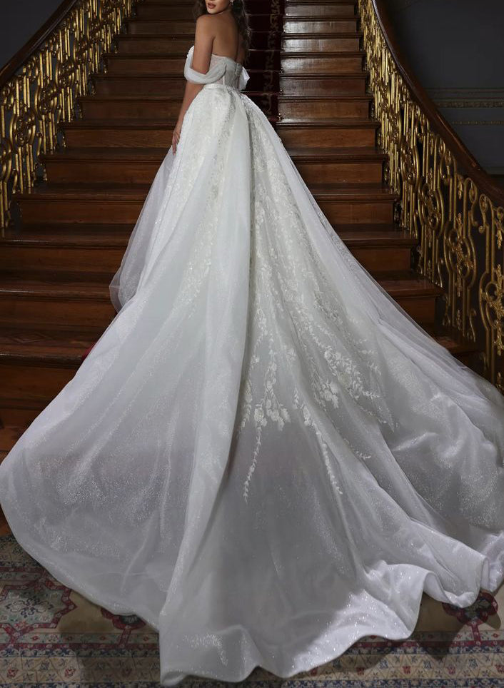 Luxurious Lace Off The Shoulder Wedding Dress With Chapel Train
