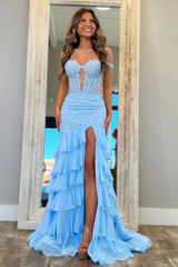 Light Blue Off Shoulder Prom Dress With Lace Up Back Ruffles And Appliques Formal Evening Gown
