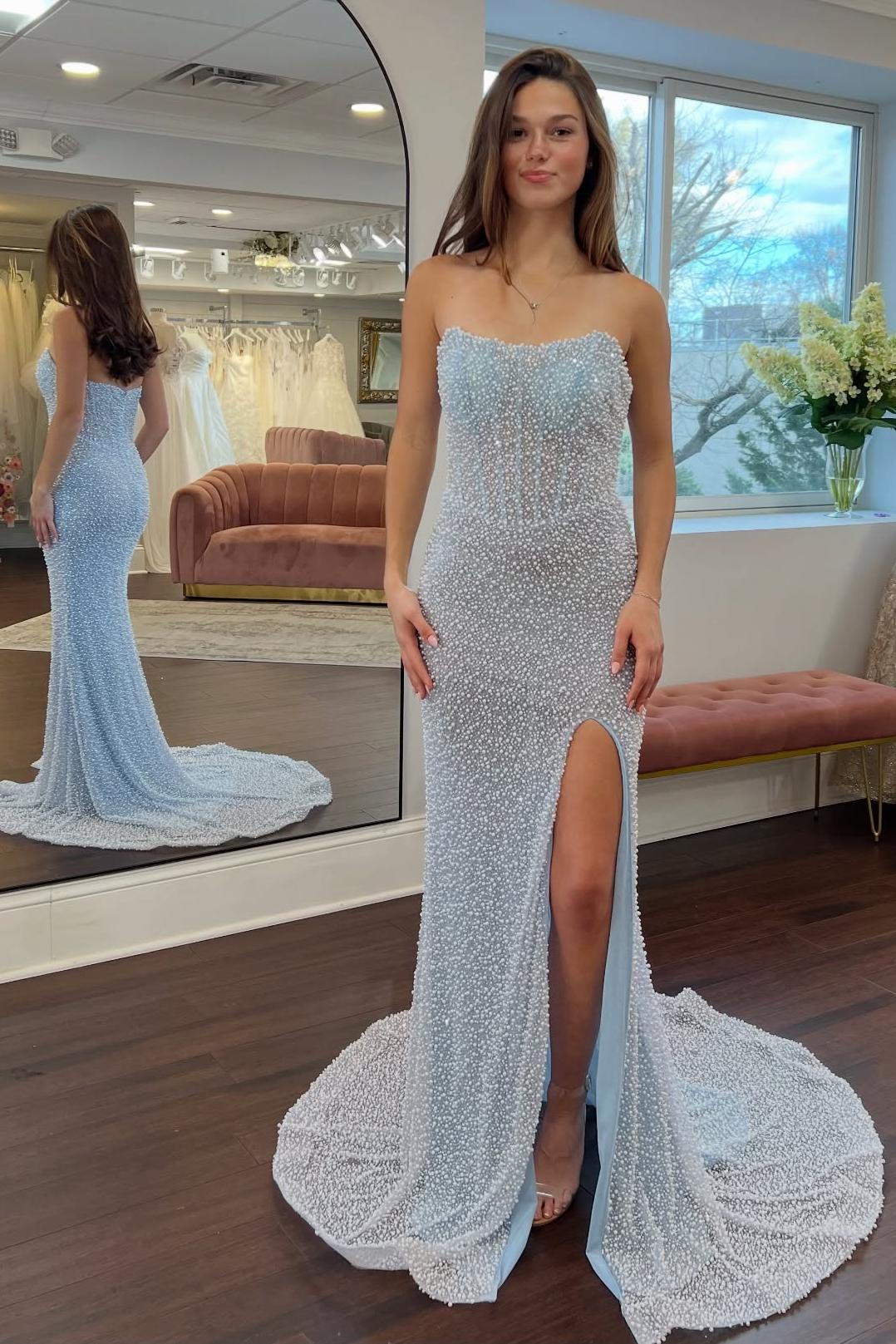 Dressystars Luxurious Mermaid Strapless Light Blue Corset Prom Dress With Pearls Split Front Formal Evening Gown