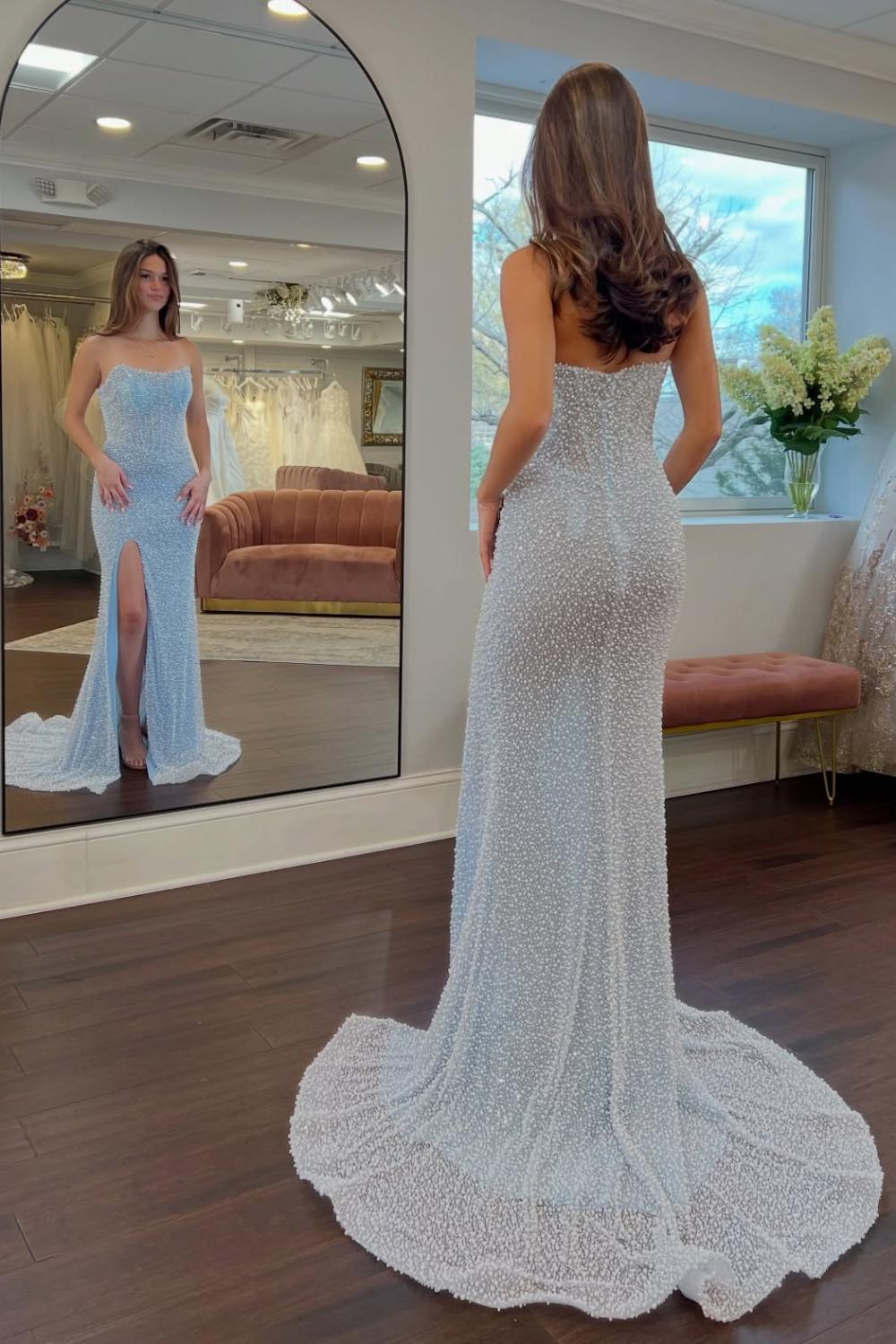Dressystars Luxurious Mermaid Strapless Light Blue Corset Prom Dress With Pearls Split Front Formal Evening Gown