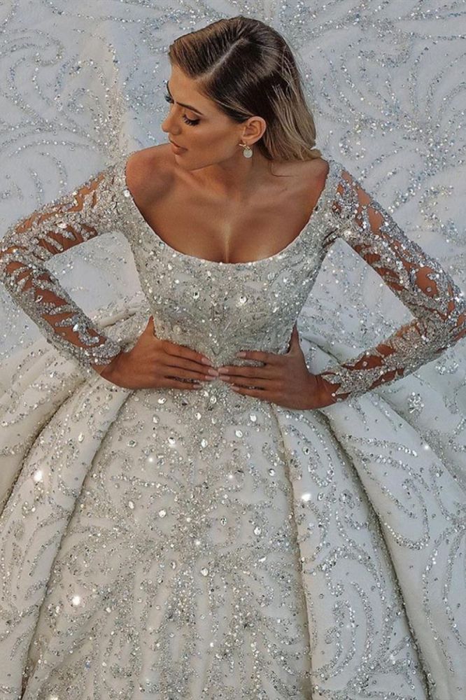 Dressystars Women Luxurious Scoop Neck Wedding Dress Ball Gown Long Sleeves Beaded Bridal Dress Dressystars Women Luxurious Scoop Neck Wedding Dress Ball Gown Long Sleeves Beaded Bridal Dress