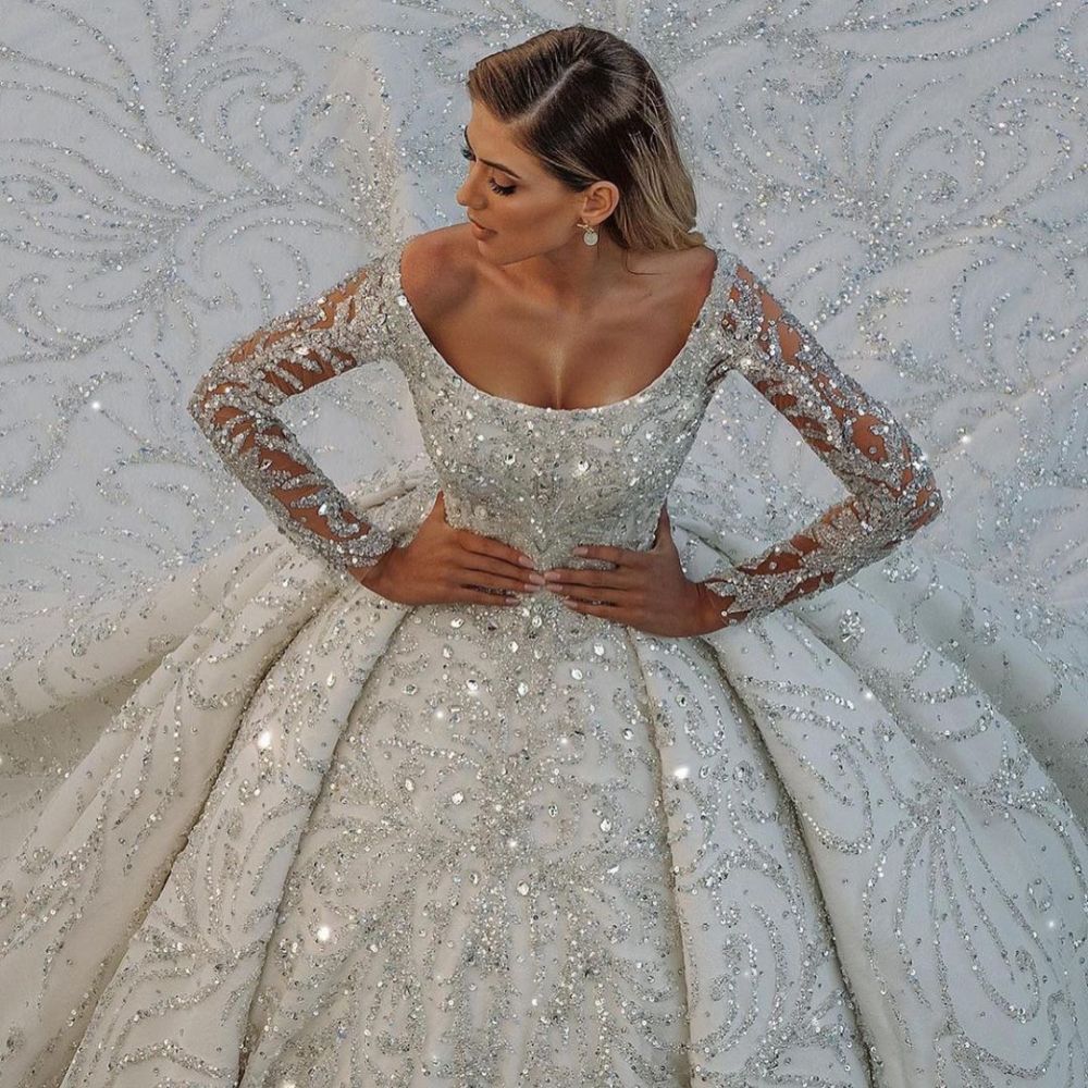 long sleeve beaded wedding dress Tulle Sheath V-neck Beaded Lace Appliques Long Sleeve Wedding Dress, MW1046