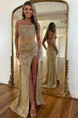 Sequin Strapless Mermaid Prom Dress With Long Silhouette And Front Slit Formal Evening Gown