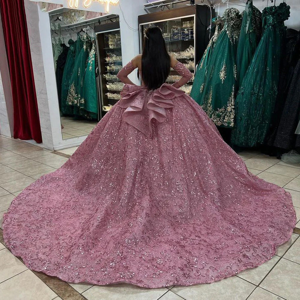 Luxuru & Glamorous Ball Gown Strapless Detachable Sleeves Fulle Sequins Beaded Dusty Pink Tulle Princess Party Gownquinceanera Dress For Sweet 16