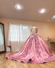 Luxury Ball Gown Flower Round Neck Long Sleeves Flower Lace Appliques Beaded Backless Sweep Train Pink Satin Quinceanera Dress For Sweet 16