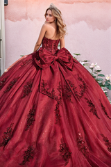 Luxury Ball Gown Off Shoulder Long Sleeves Flower Beaded Appliques Bow Knot Burgundy Tulle Quinceanera Dress Formal Party Gown For Sweet 16