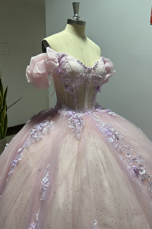 Luxury Ball Gown Sweetheart Neck Puff Sleeves Lace Appliques Beaded Pink Tulle Princess Evening Party Gowns Quinceanera Dress For Sweet 16