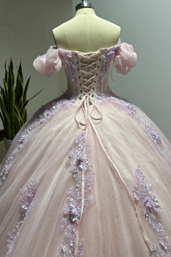 Luxury Ball Gown Sweetheart Neck Puff Sleeves Lace Appliques Beaded Pink Tulle Princess Evening Party Gowns Quinceanera Dress For Sweet 16