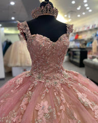 Luxury Ball Gown Sweetheart Neck Straps Sleeveless Lace Appliques Beaded Pink Tulle Birthday Party Princess Dress Quinceanera Dress For Sweet 16