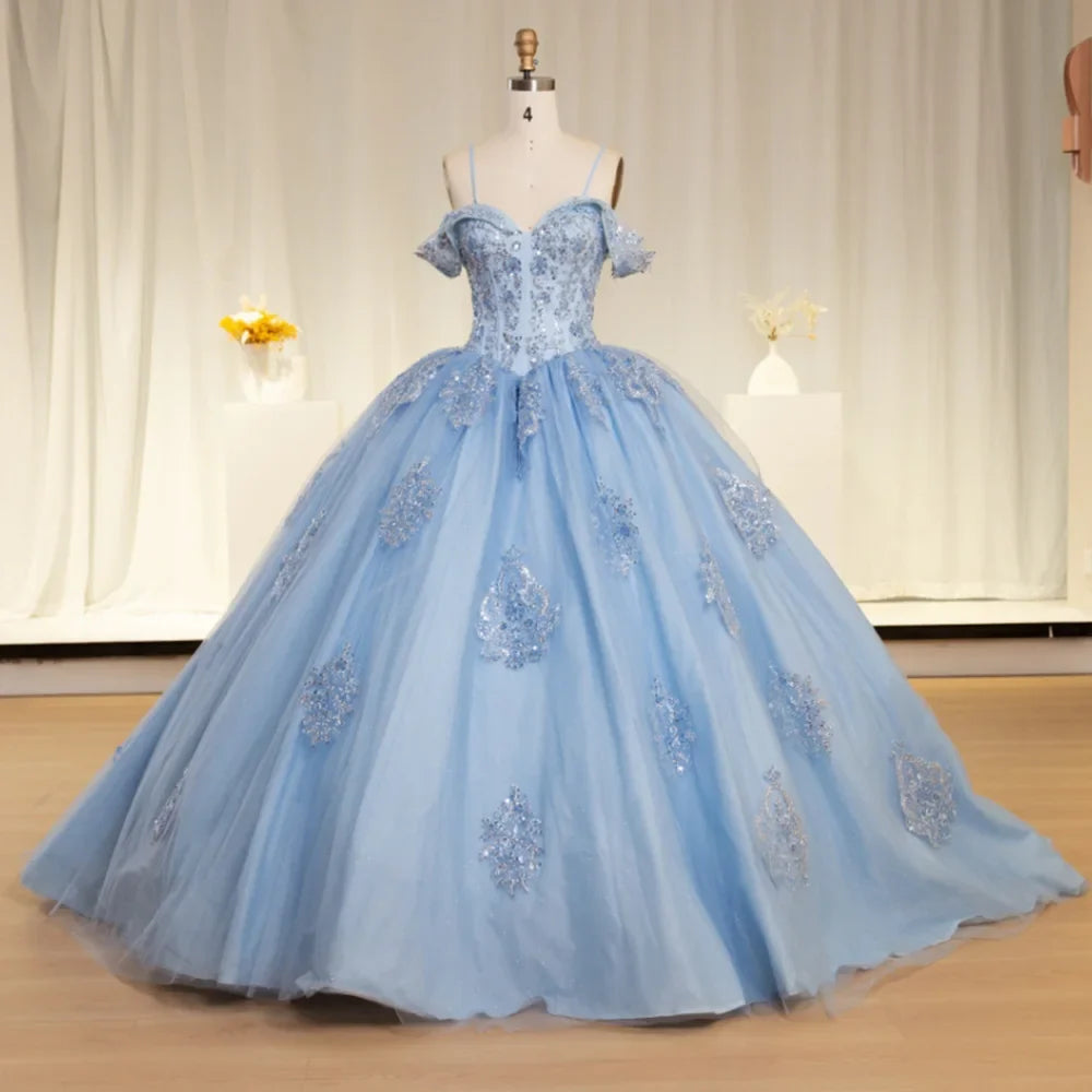 Dressystars Luxury Bule Mexican Quinceanera Dress Sequins Off The Shoulder Lace Beads Sweet 16 Party Dress