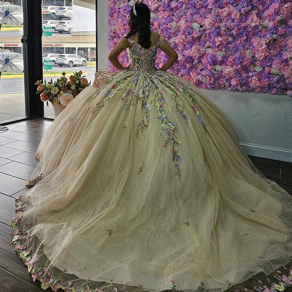 Luxury & Glamorous Ball Gown Off Shoulder 3D Floral Applique Beaded Tulle Quinceanera Dress Birthday Party Gown For Sweet 16
