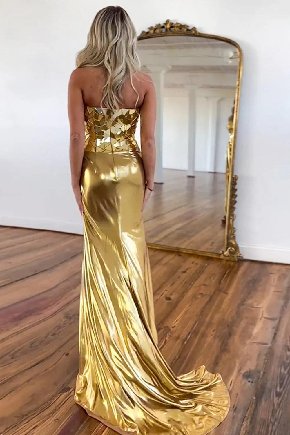 Dressystars Luxury Gold Strapless Metallic Prom Dress With Mirror Top & Side Slit Formal Evening Gown