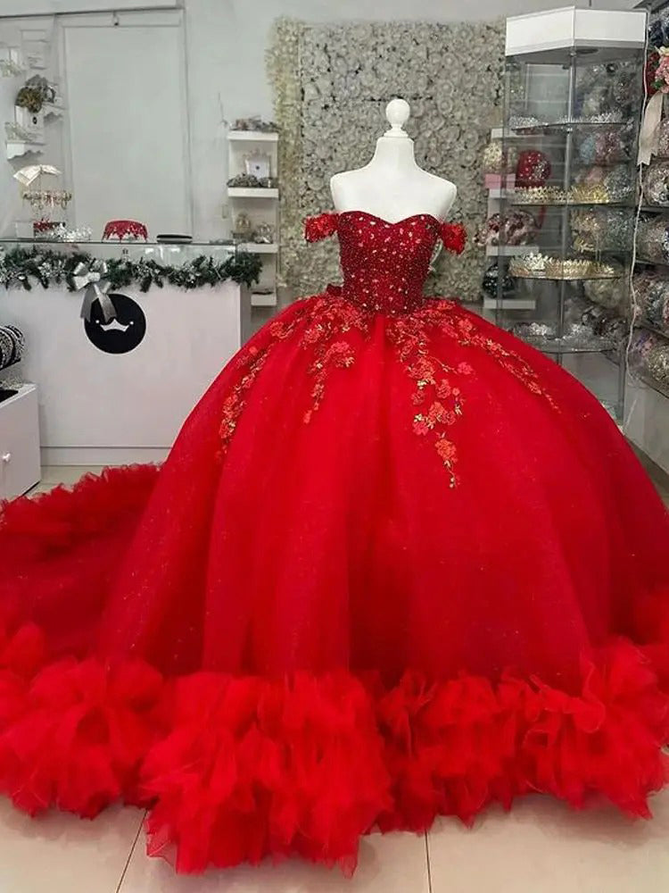 Luxury & Gorgeous Ball Gown Off Shoulder Beaded Lace Appliques Ruffles Red Tulle Quinceanera Dresses Birthday Party Gown For Sweet 16