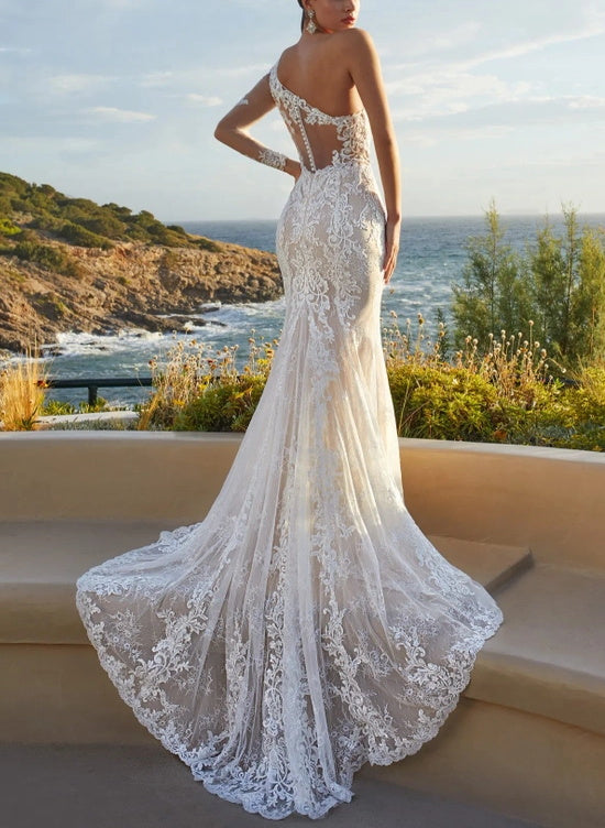 Luxury Lace One Shoulder Long Sleeves Mermaid Wedding Dress