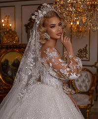 Luxury Long Ball Gown Puffy Sleeves Wedding Dress with and Appliques