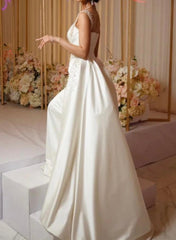 Luxury Satin Wedding Dress Beaded One Shoulder Bridal Dress with Panel Train