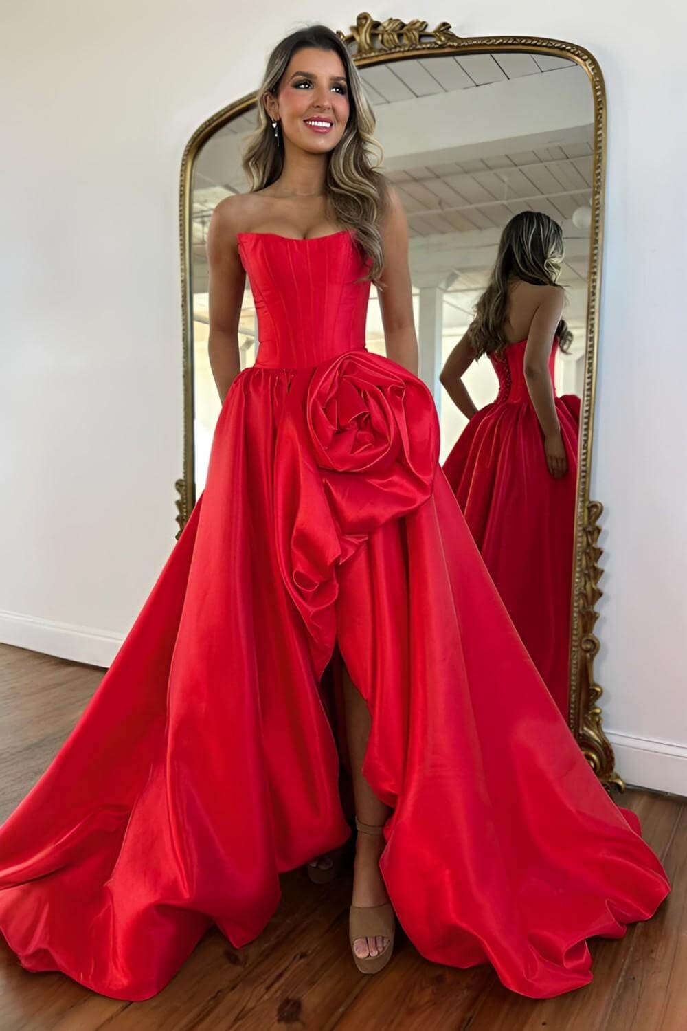 Pink A Line Prom Dress Satin Strapless Long Corset Formal Dress With 3D Flower