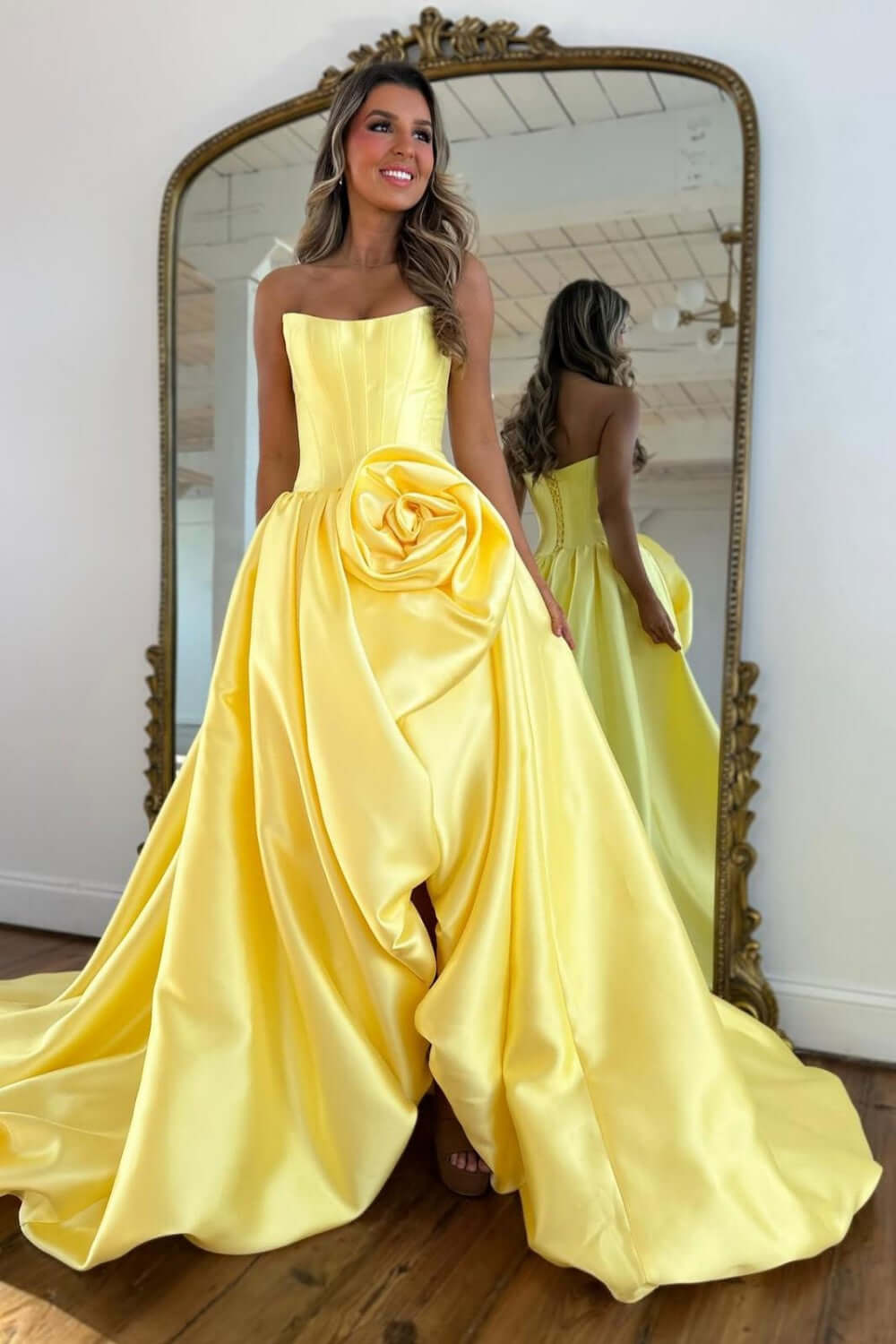 Pink A Line Prom Dress Satin Strapless Long Corset Formal Dress With 3D Flower