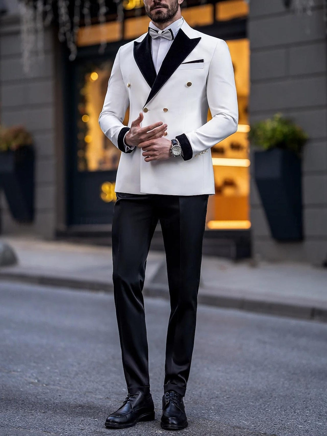 Luxury Tailored Fit White Men's Double Breasted Six-Button Color Block Tuxedo Suit For Wedding And Prom
