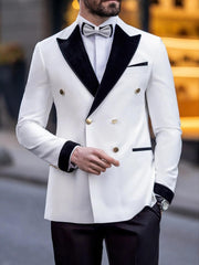 Luxury Tailored Fit White Men's Double Breasted Six-Button Color Block Tuxedo Suit For Wedding And Prom
