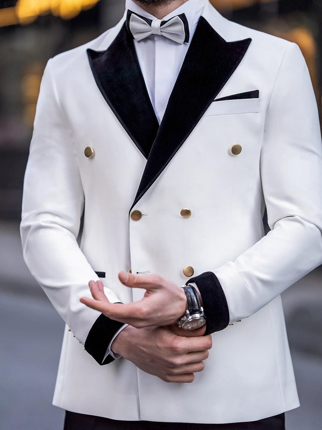 Luxury Tailored Fit White Men's Double Breasted Six-Button Color Block Tuxedo Suit For Wedding And Prom