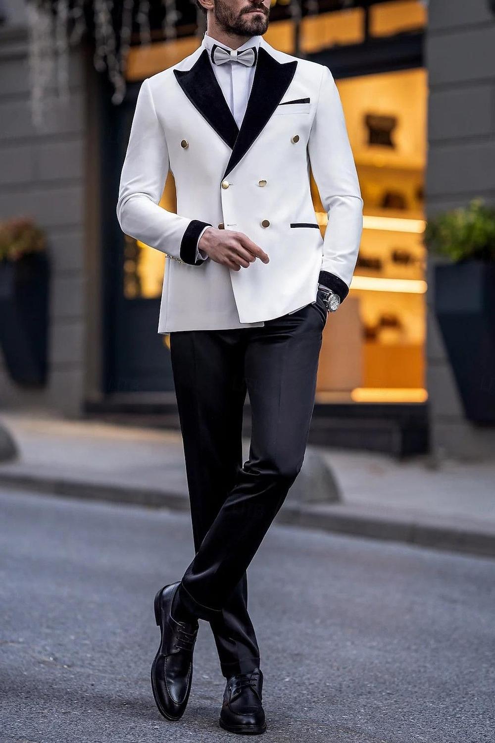 Luxury Tailored Fit White Men's Double Breasted Six-Button Color Block Tuxedo Suit For Wedding And Prom