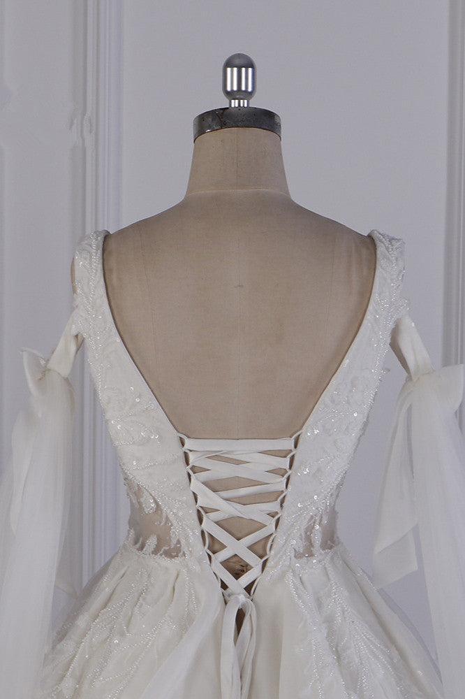 Luxury V Neck Wedding Dress A Line Tulle Sequined Bridal Dress
