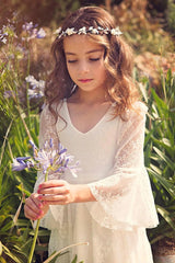 Lace V Neck Long Sleeve Princess Flower Girl Dress