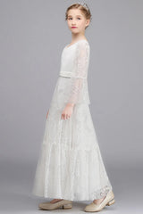 Lace V Neck Long Sleeve Princess Flower Girl Dress