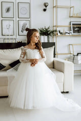 White Long Sleeve Lace Crew Neck Princess Flower Girl Dress