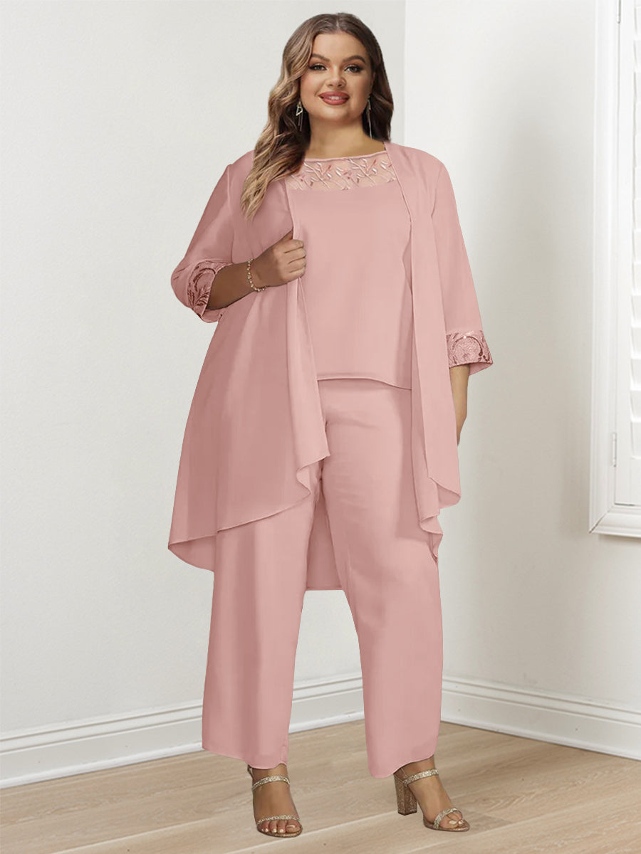 Plus Size Mother of the Bride Chiffon Pantsuit with Long Sleeves and Jacket