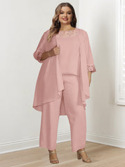 Plus Size Mother of the Bride Chiffon Pantsuit with Long Sleeves and Jacket